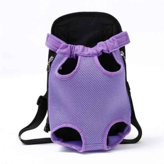 Pet travel backpack carrier with a dog inside, shown from the front